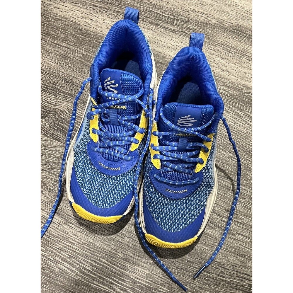 Under Armour Curry Kids US 3.5 Blue Yellow White Lace-Up Mesh Low Top